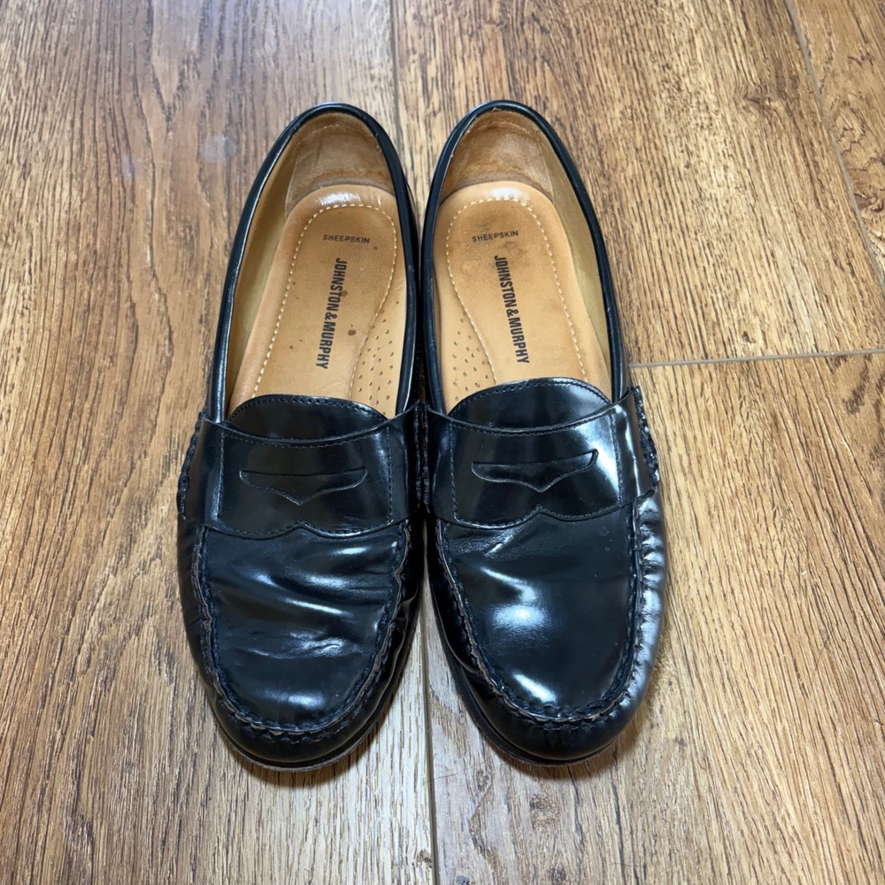 Johnston & Murphy Sheepskin Penny Loafers Black Pre-Flex Leather Shoes Mens 8.5M - Picture 4 of 12